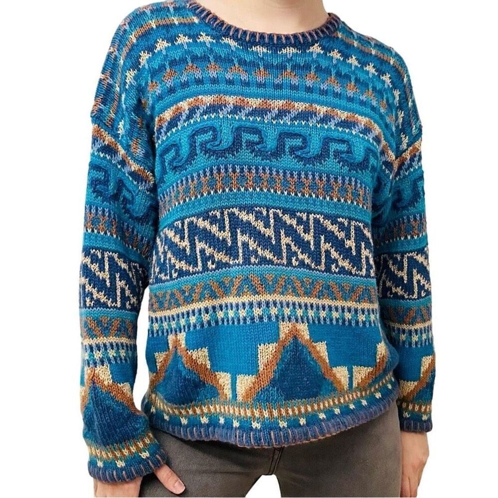 Segrets Sun Prints Teal Navy Tan Fair Isle Aztec Grandpa Chunky Knit Sweater